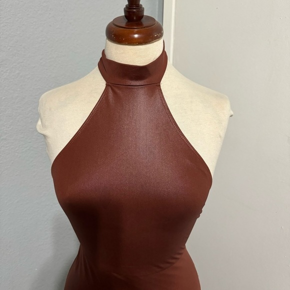 SHEIN Rust Brown Asymmetrical Hem Open Back PU leather Bodycon Party Dress Sz XS - Picture 12 of 15